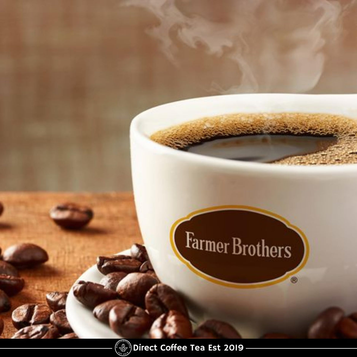 DIRECT COFFEE TEA EST 2019 Farmer Bros Premium Blend bean closeup highlights glossy oils and freshness