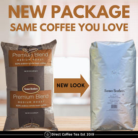 DIRECT COFFEE TEA EST 2019 Farmer Bros Premium Blend steaming cup reveals nutty, chocolatey notes for cozy mornings