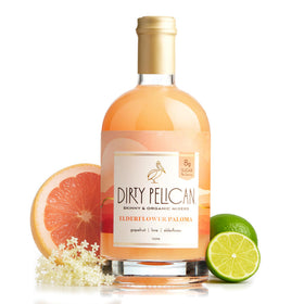 Dirty Pelican elderflower Paloma bottle-front shows an organic cocktail mixer for refreshing drinks
