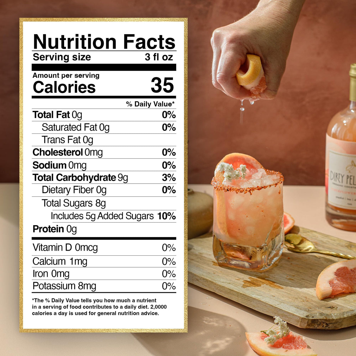Dirty Pelican elderflower Paloma ingredients panel highlights organic vegan gluten-free notes