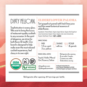 Dirty Pelican elderflower Paloma mixer bottle foil emphasizes freshness and resealability