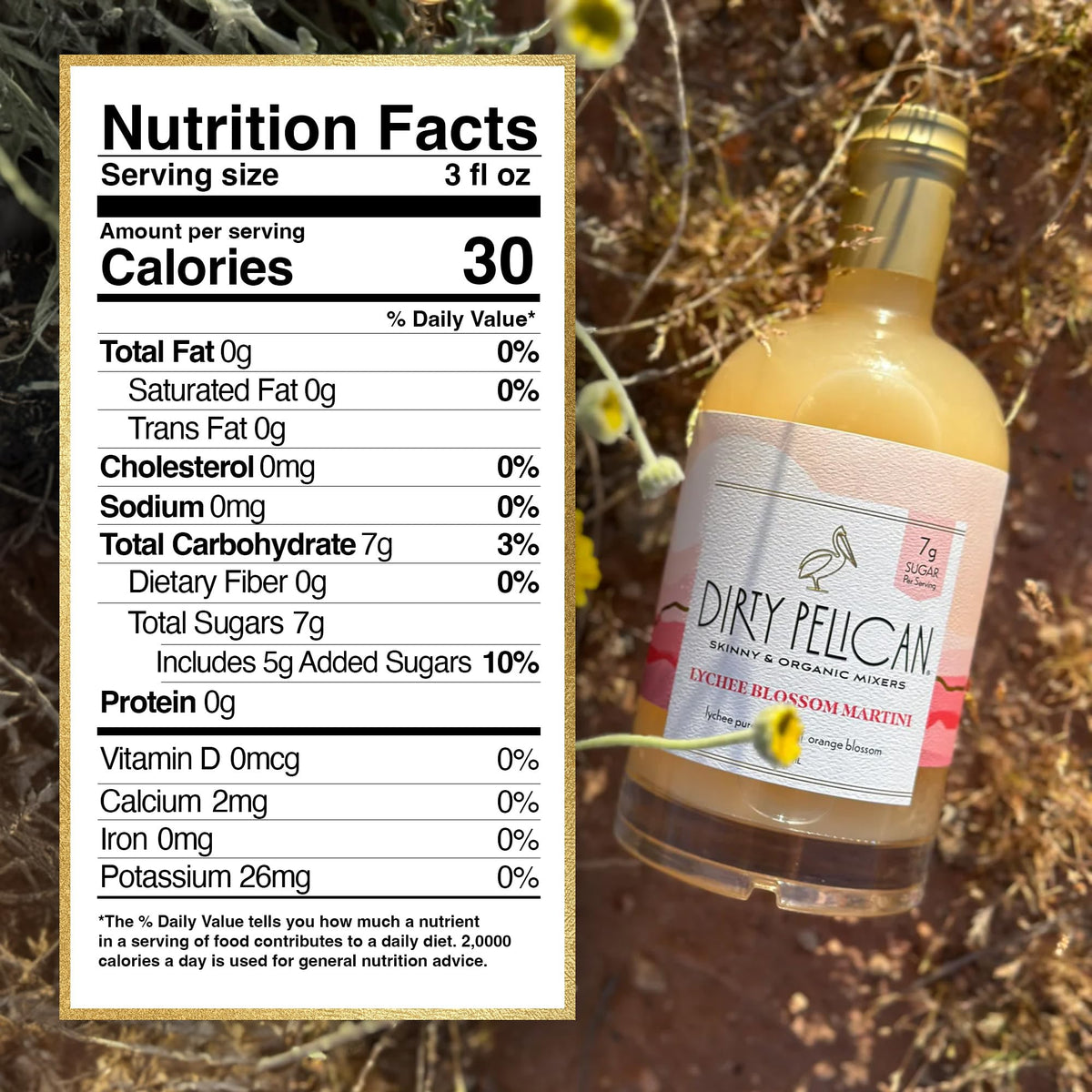 Dirty Pelican Lychee Blossom bottle label highlights organic and preservative-free