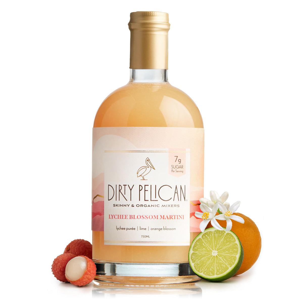 Dirty Pelican Lychee Blossom Martini bottle shows organic, low-calorie mixer for fresh drinks