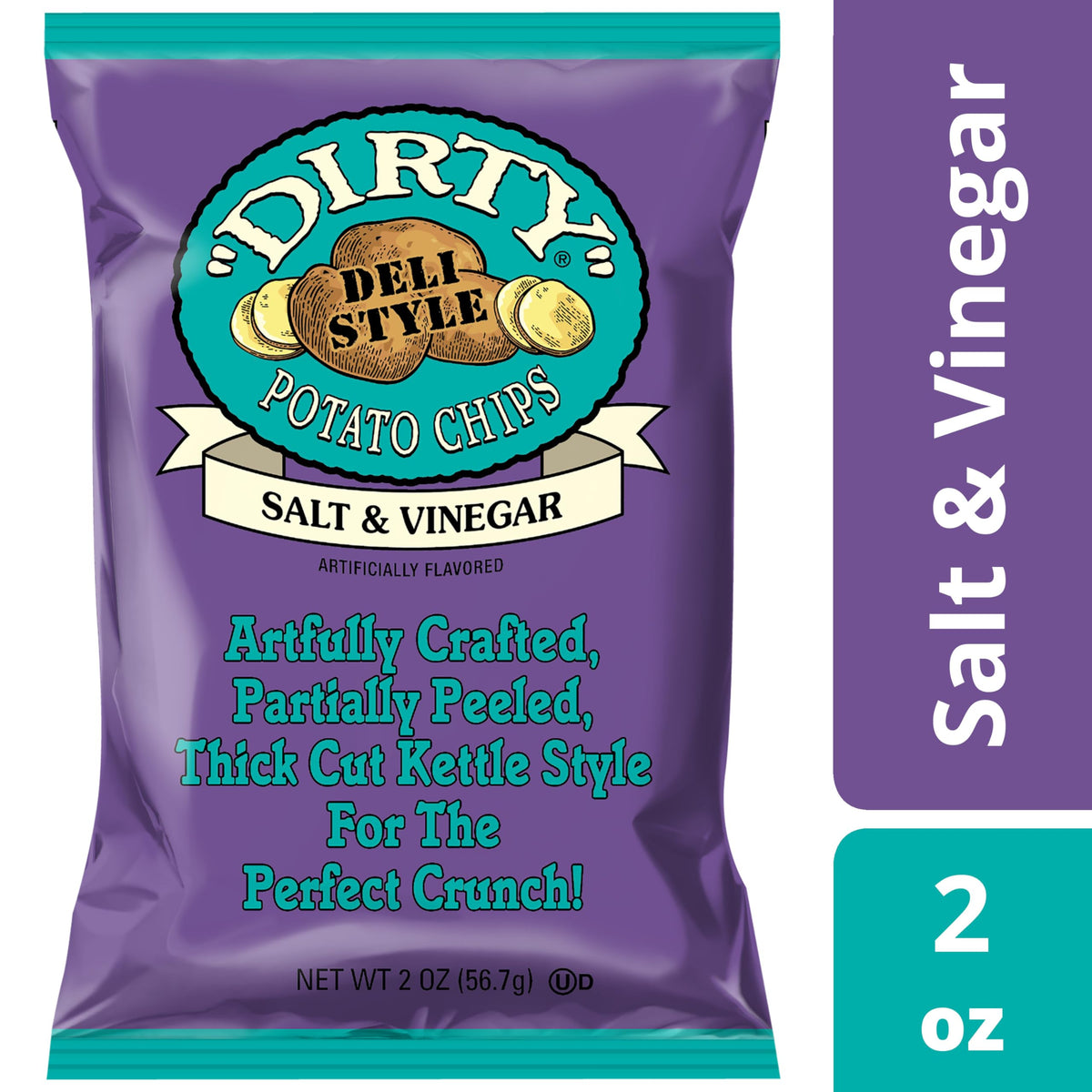 Dirty Potato Chips Salt and Vinegar close-up—kettle cooked texture with skins-on