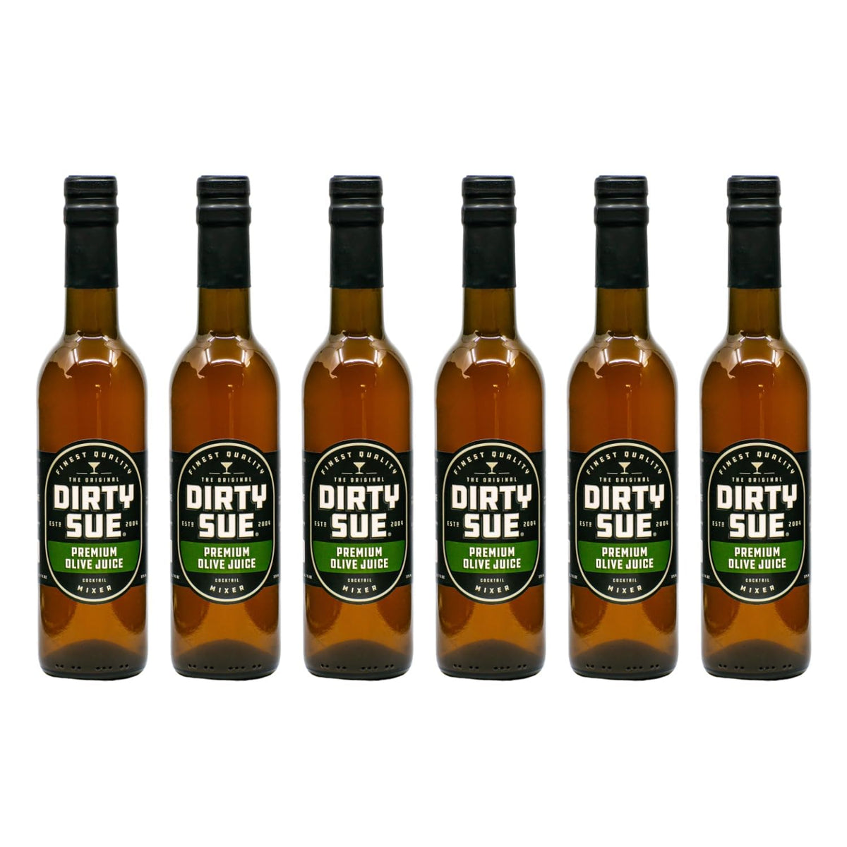 Dirty Sue olive juice bottle front showing premium olives for cocktails.