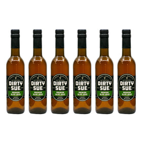 Dirty Sue olive juice bottle front showing premium olives for cocktails.