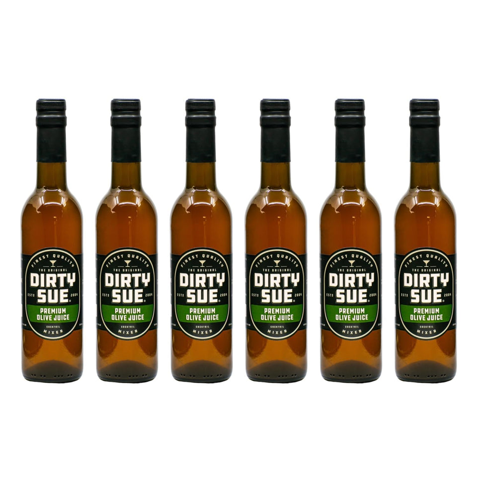 Dirty Sue olive juice bottle front showing premium olives for cocktails.