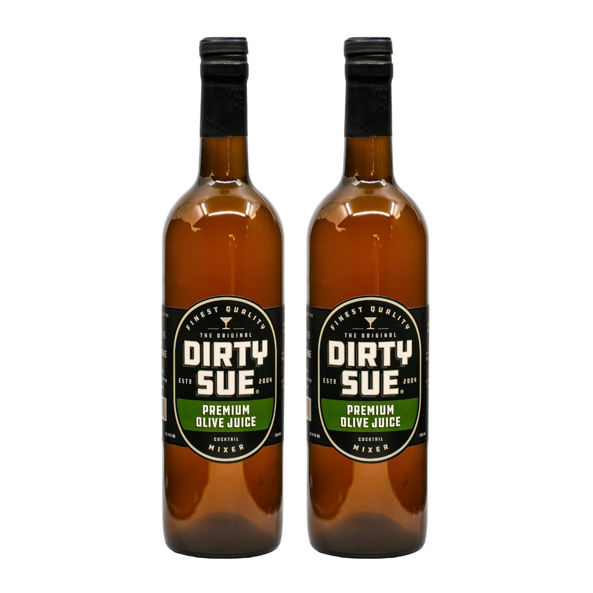 Dirty Sue olive juice bottle front view, ideal for premium cocktail brine.