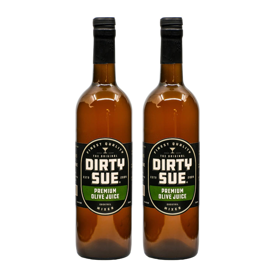 Dirty Sue olive juice bottle front view, ideal for premium cocktail brine.