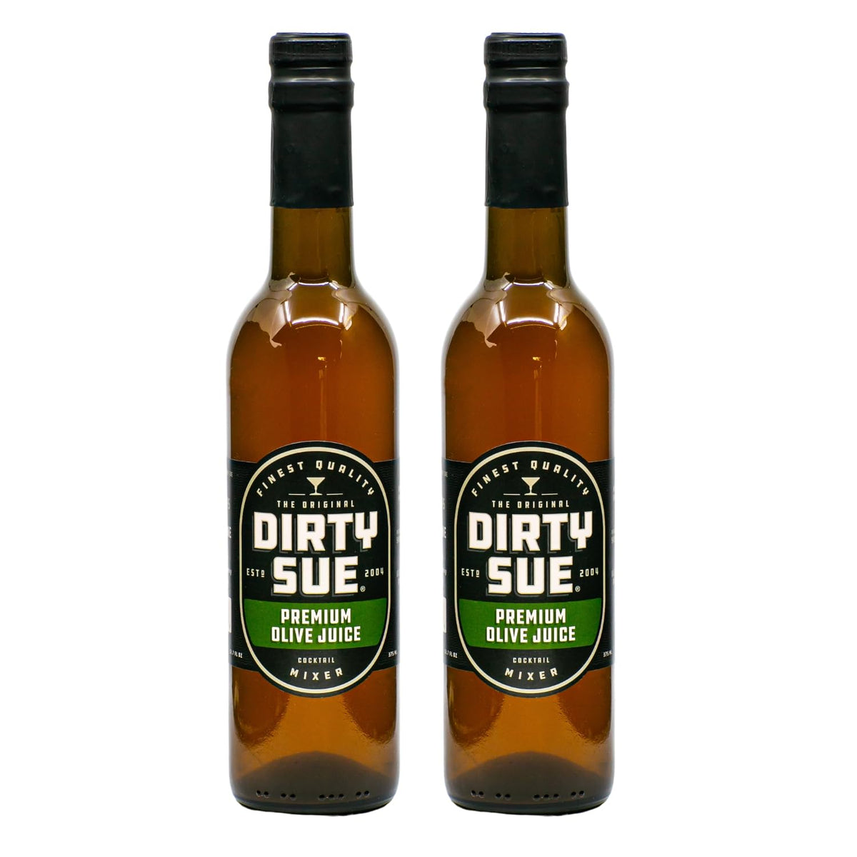 Dirty Sue original olive juice bottle on display for premium cocktails.