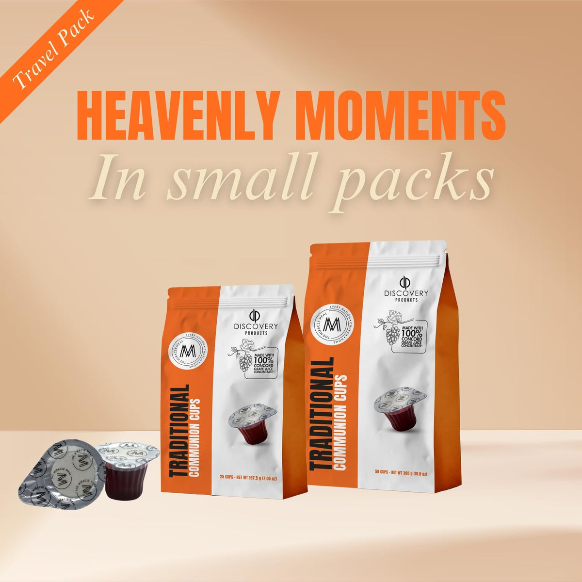Discovery Products pre-filled cups with easy-open tabs for quick service.