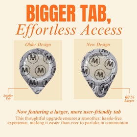 DISCOVERY PRODUCTS large tab close-up showing 60% easier grip for caregivers.