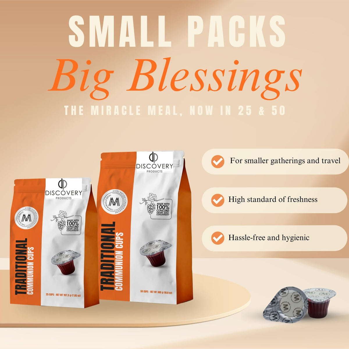 Discovery Products sealed-for-freshness packaging keeps juice and wafer ready.