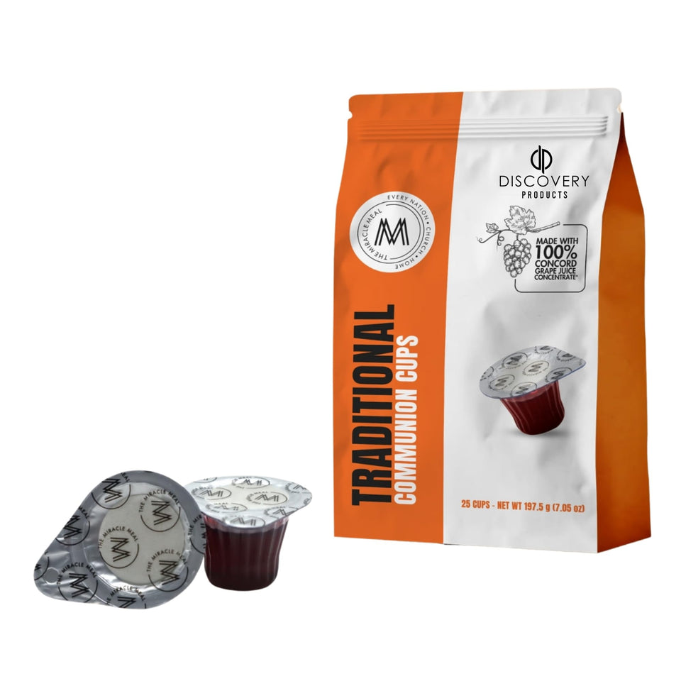 Discovery Products Travel Pack pre-filled communion cup with grape juice and wafer for on-the-go services.