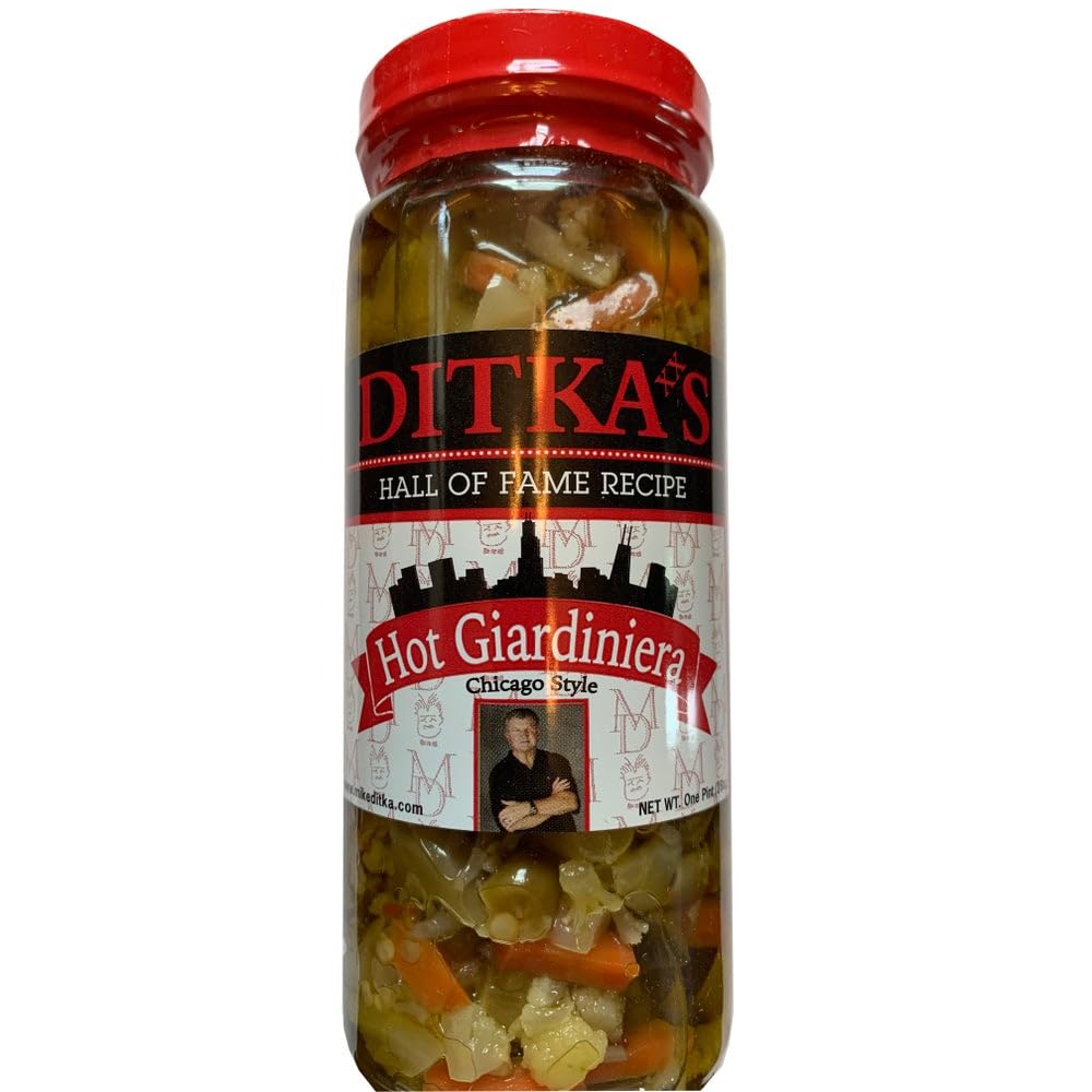 Ditka's Hot Giardiniera 16oz jar adds spicy crunch to sandwiches and antipasti.