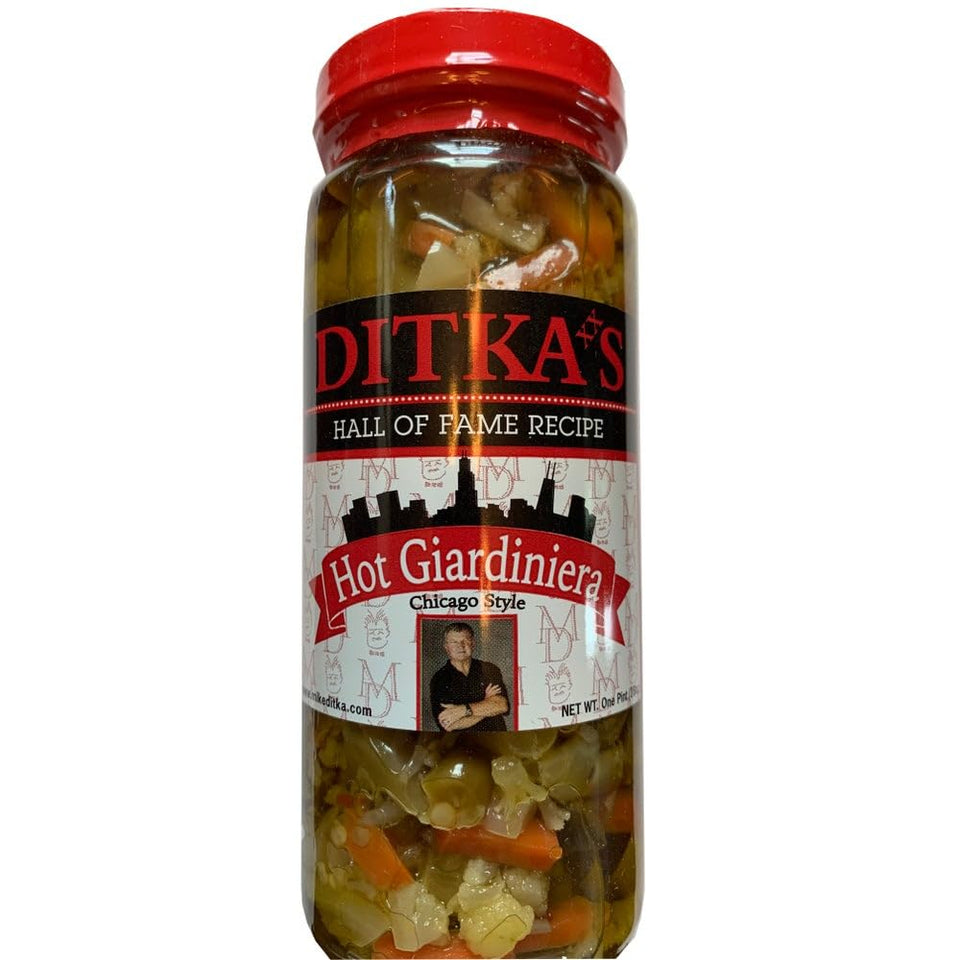 Ditka's Hot Giardiniera 16oz jar adds spicy crunch to sandwiches and antipasti.