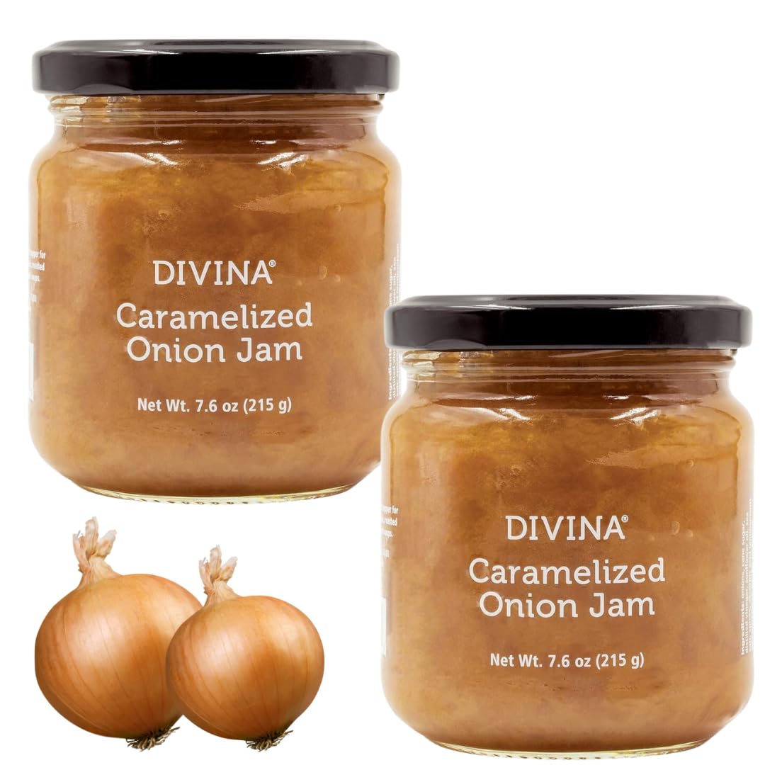 Divina caramelized onion jam jar close-up showing glossy, savory-sweet balance ideal for appetizers