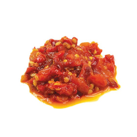 Divina Chopped Calabrian Peppers closeup view showing vibrant color and pepper chunks.