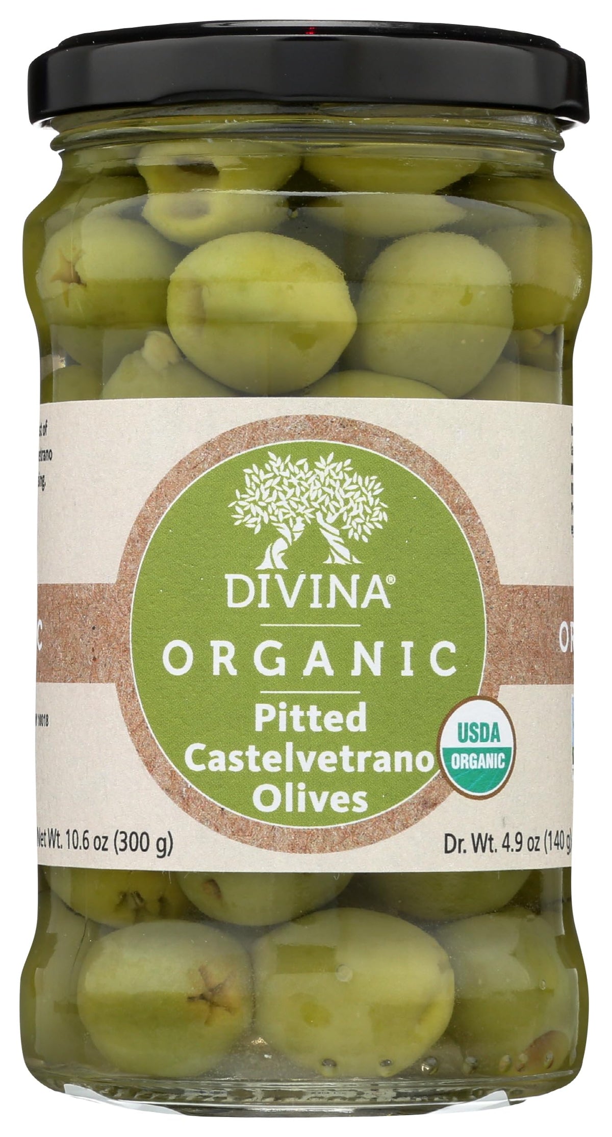 Divina Organic Castelvetrano olives front label highlighting quality and organic sourcing.