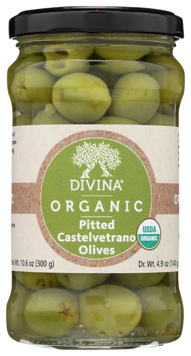 Divina Organic Castelvetrano olives front label highlighting quality and organic sourcing.