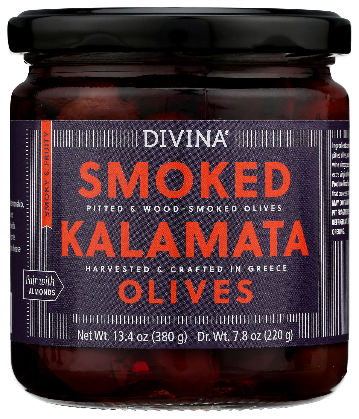 DIVINA smoked Kalamata olives in a glass jar for premium Greek flavor.