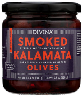 DIVINA smoked Kalamata olives in a glass jar for premium Greek flavor.