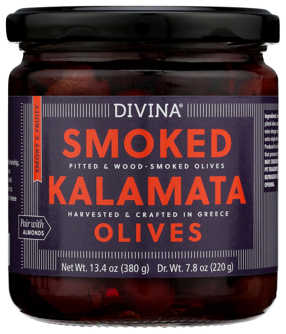 DIVINA smoked Kalamata olives in a glass jar for premium Greek flavor.