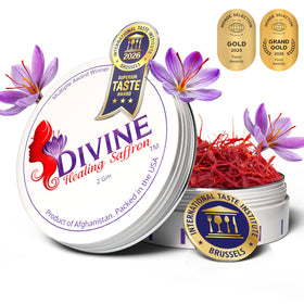 Divine Healing Saffron 2g jar closeup shows premium threads for rich aroma