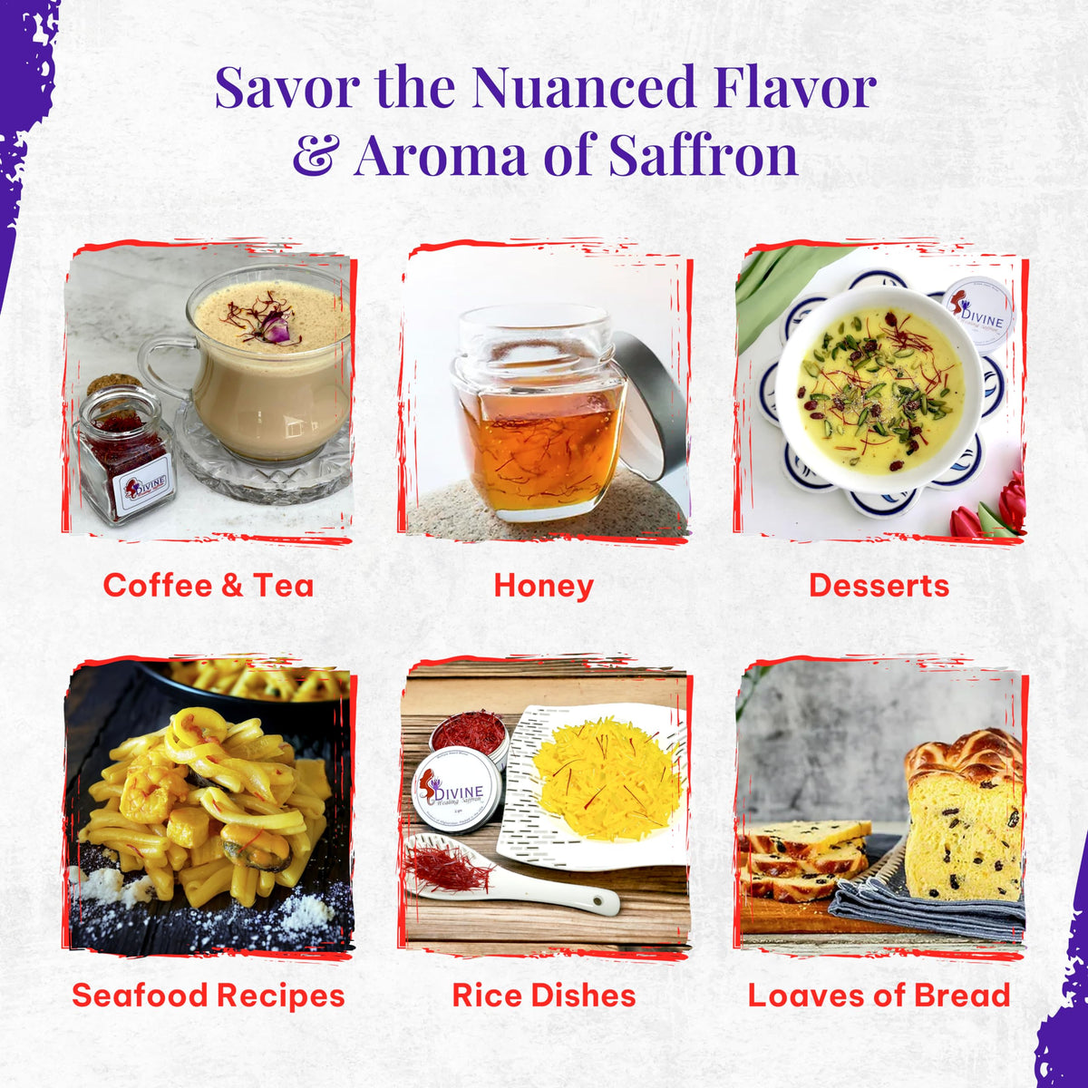 Divine Healing Saffron threads packaging viewed in a clear bottle.