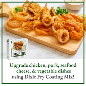 Dixie Fry 10-ounce coating pour, easy dredge for crunchy results.