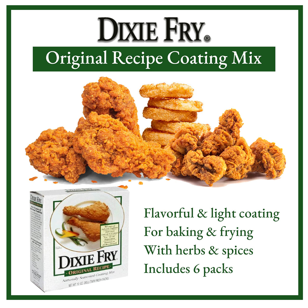 Dixie Fry coating mix pack back, complete seasoning for versatile applications.