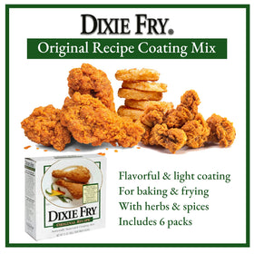Dixie Fry coating mix pack back, complete seasoning for versatile applications.