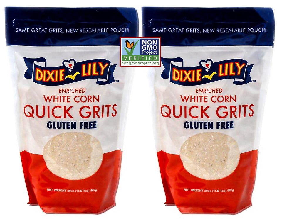 Dixie Lily white corn grits 20 oz pack for quick meals.