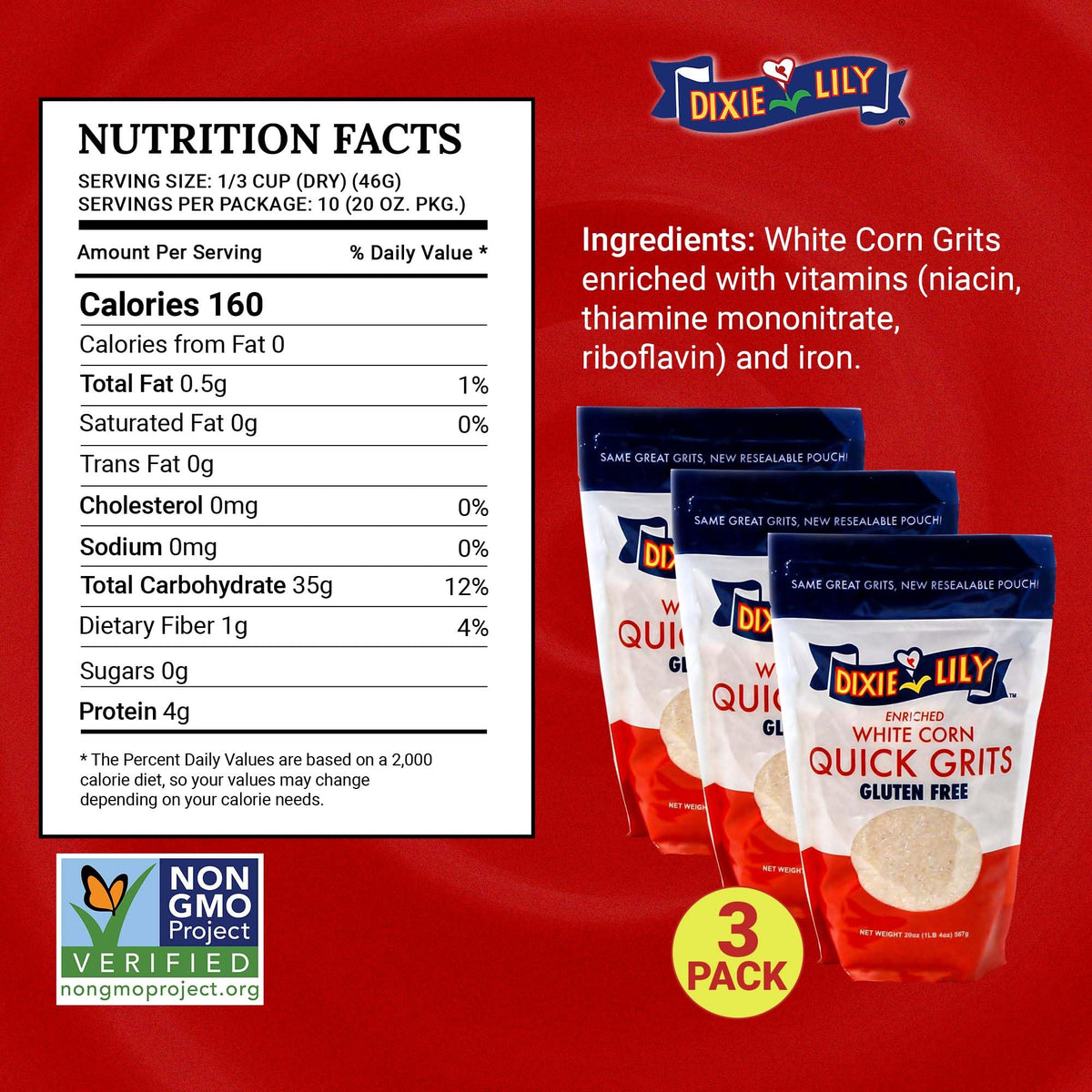 Dixie Lily White Corn Grits dry grains on kitchen counter