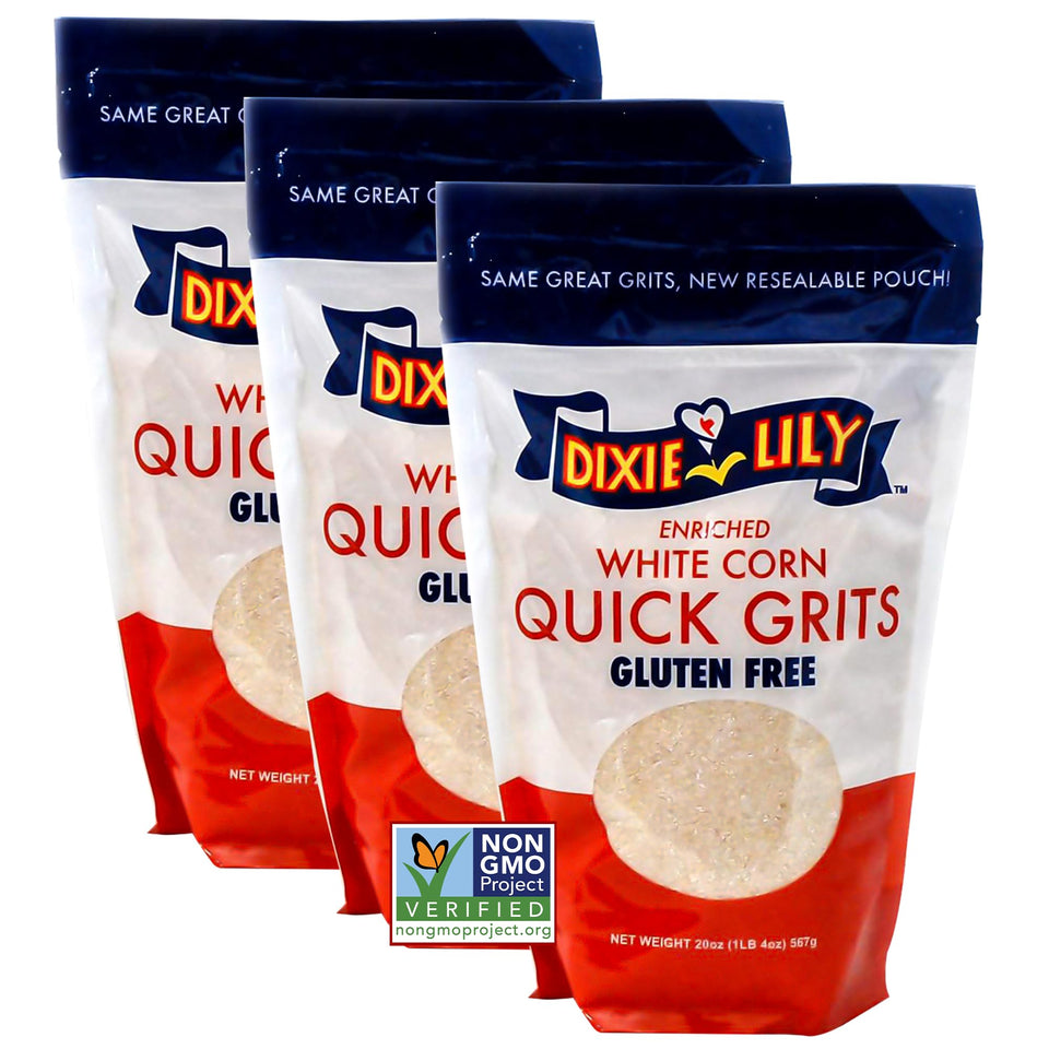 Dixie Lily White Corn Grits packaging ready for quick meals
