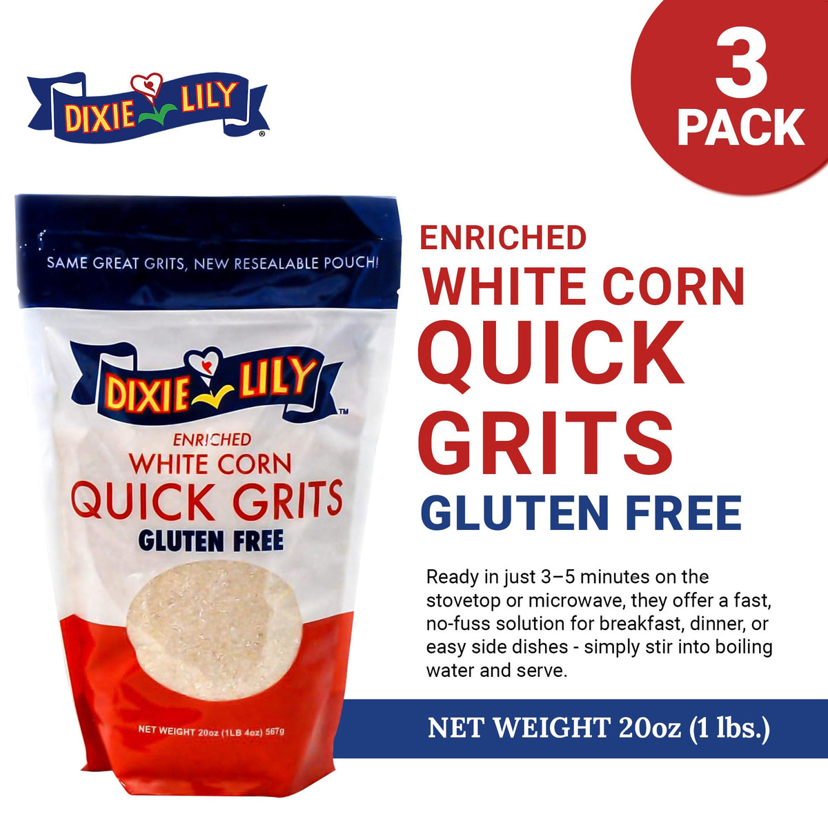 Dixie Lily White Corn Grits three-pack display emphasizes value