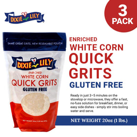Dixie Lily White Corn Grits three-pack display emphasizes value