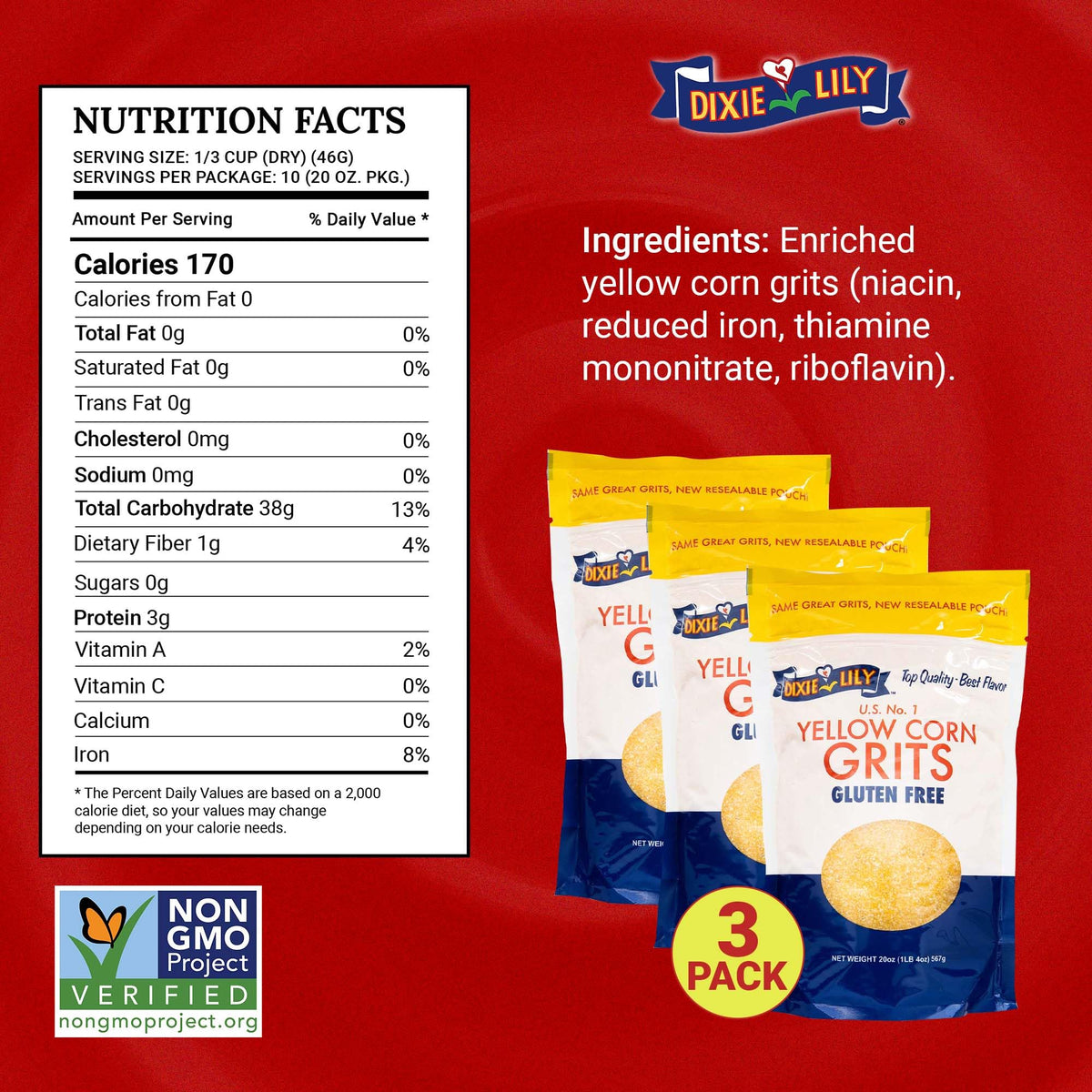 Dixie Lily Yellow Corn Grits cooking-ready view highlights fast, 3-5 minute meal prep.
