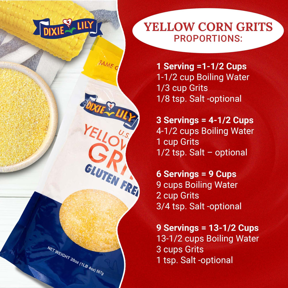 Dixie Lily Yellow Corn Grits enriched with iron and vitamins for daily meals.