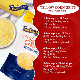 Dixie Lily Yellow Corn Grits enriched with iron and vitamins for daily meals.