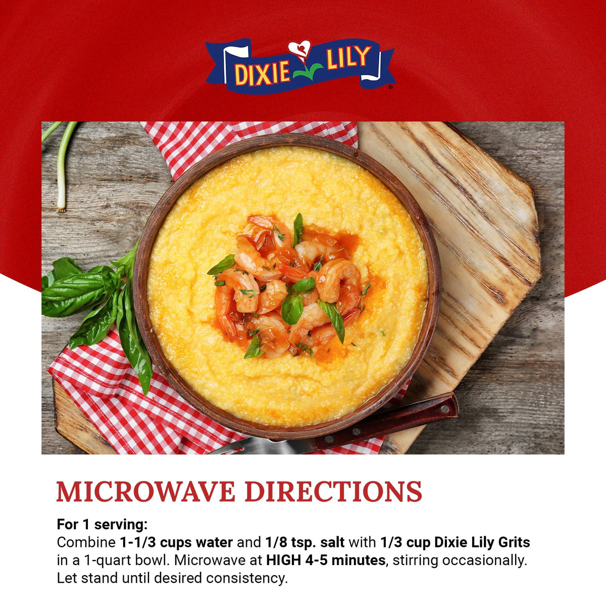 Dixie Lily Yellow Corn Grits nutrition label highlighting vitamins and minerals.