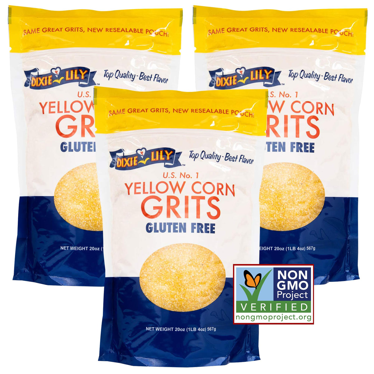 Dixie Lily Yellow Corn Grits pack close-up showing enriched ingredients for quick, comforting meals.