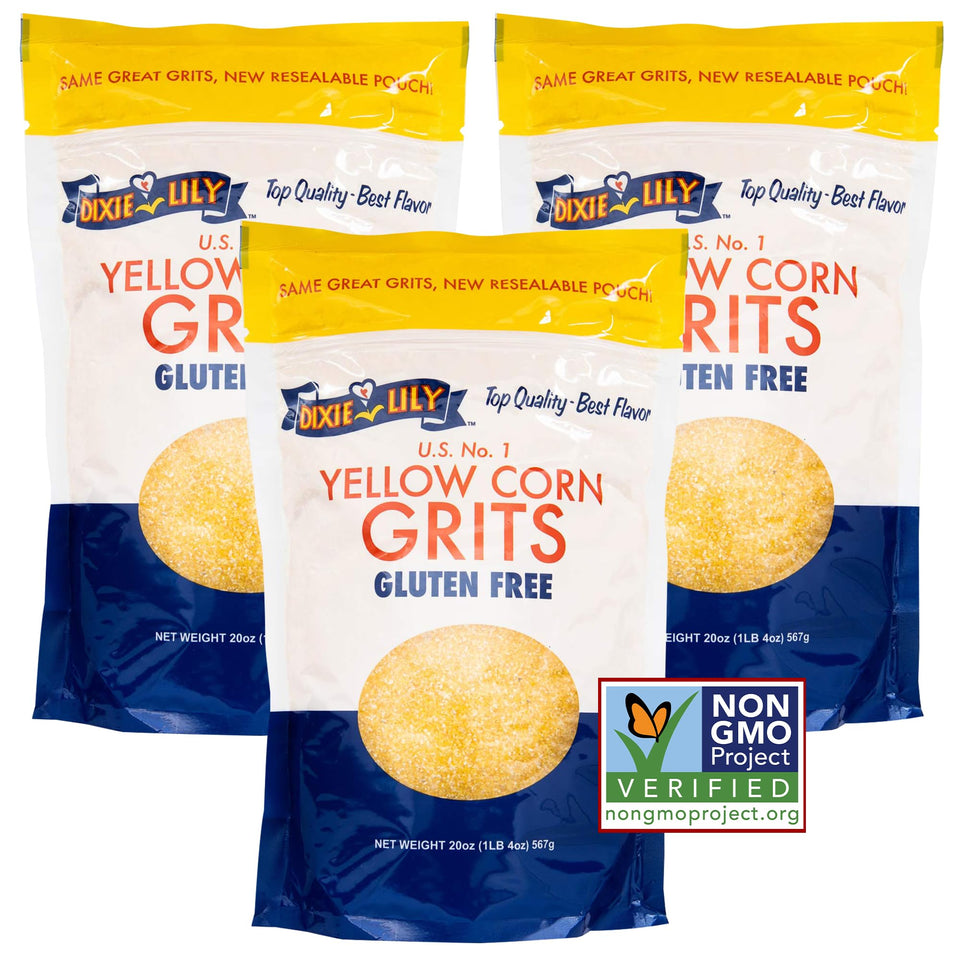 Dixie Lily Yellow Corn Grits pack close-up showing enriched ingredients for quick, comforting meals.