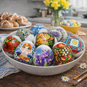 Diximus sleeves with Zhostovo designs on Easter eggs