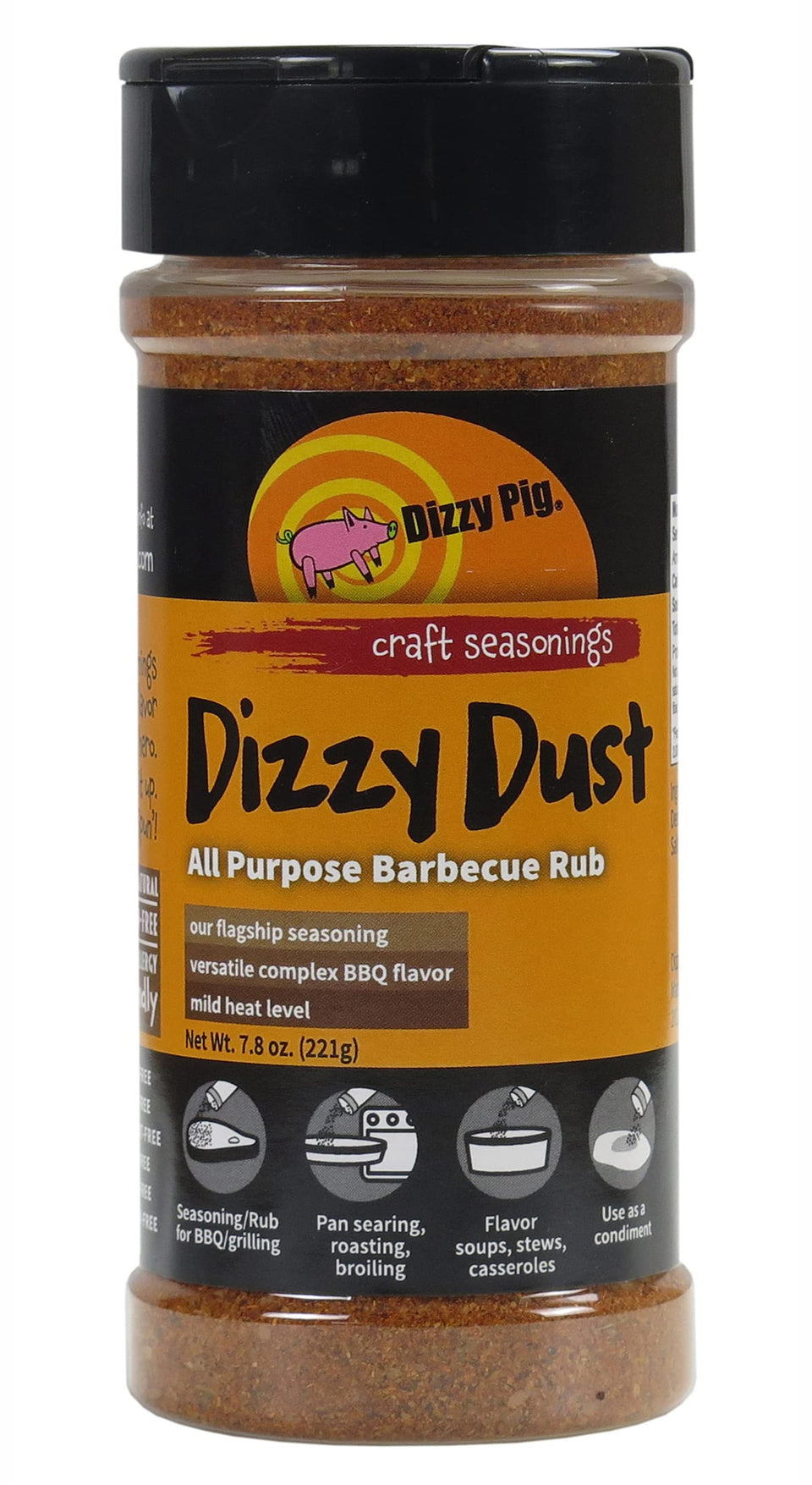 Dizzy Pig Dizzy Dust bottle displaying all-purpose seasoning, gluten-free and MSG-free for versatile grilling.