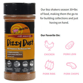 Dizzy Dust jar close-up highlights aromatic rub for ribs and poultry.