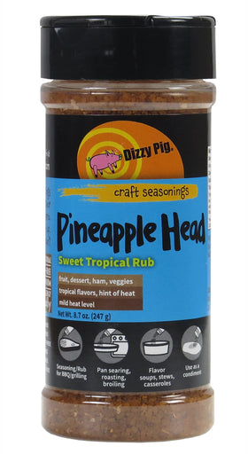 Dizzy Pig Pineapple Head bottle with tropical seasoning for grilling.