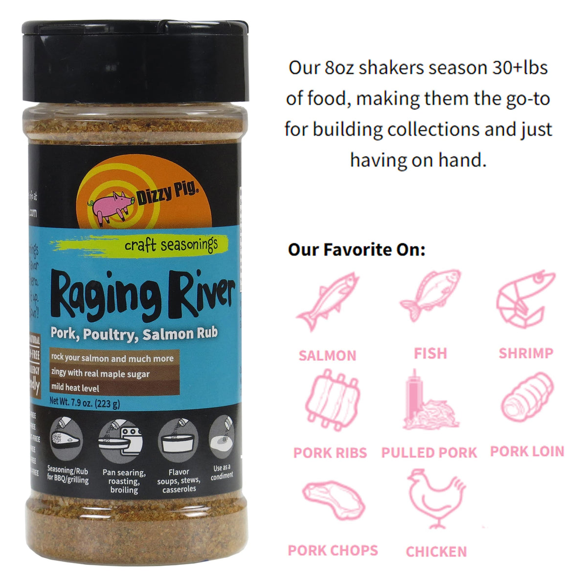 Dizzy Pig Raging River spice shaker on chicken being seasoned with balanced heat.