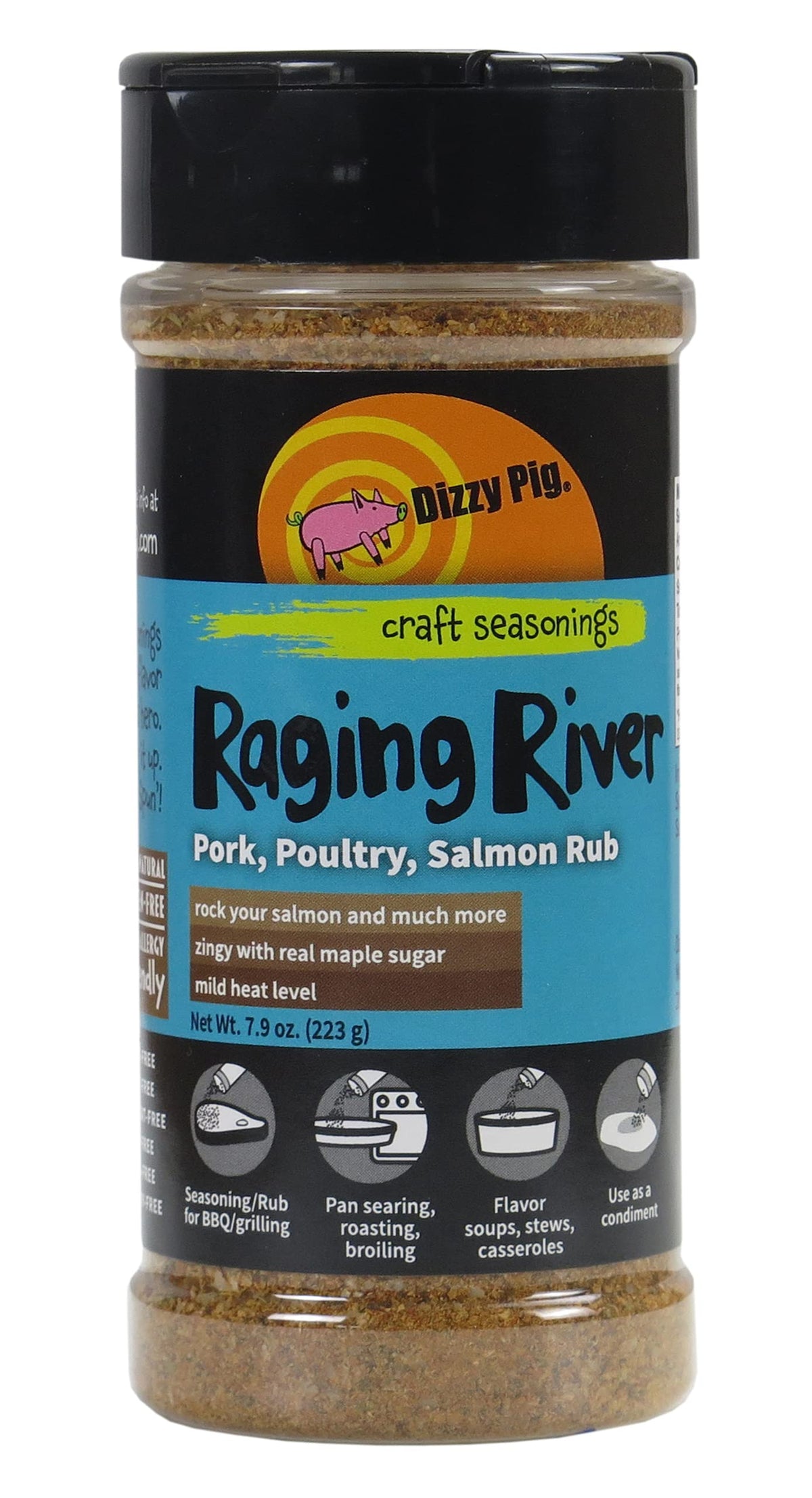 Dizzy Pig Raging River Salmon Seasoning bottle ready for salmon and other proteins.