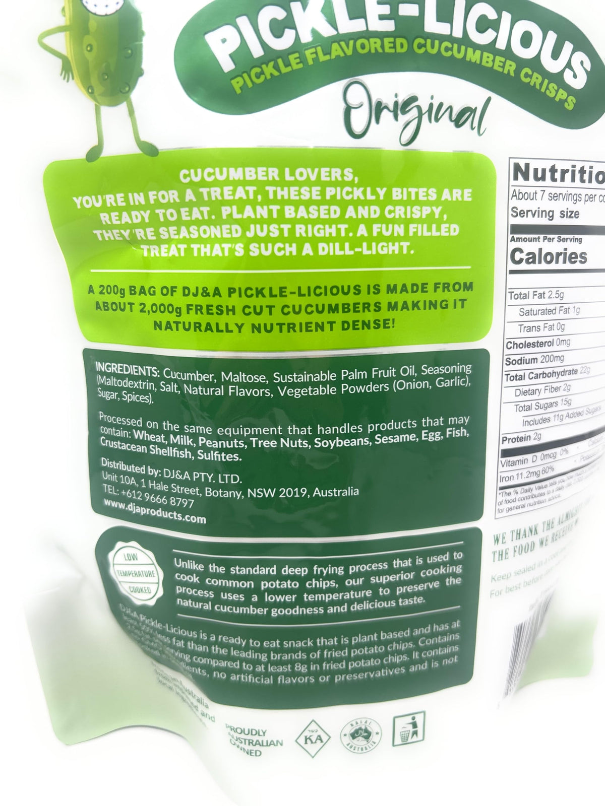 DJ&A Pickle-Licious ingredients show real cucumbers and no artificial flavors.